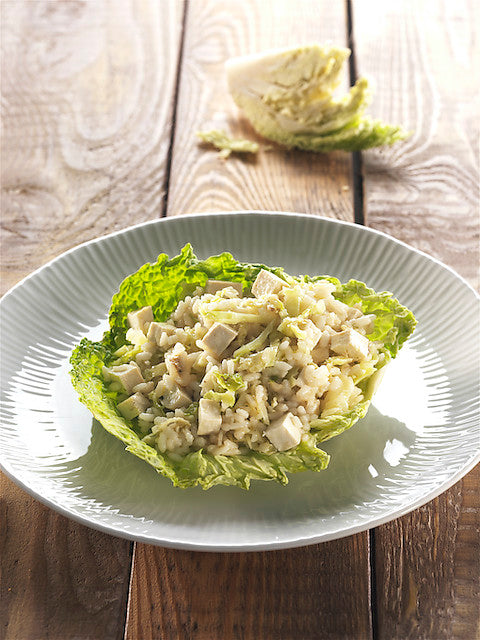 Rosa-Marchetti-Reis mit Pilz-Pâté, Wirsing und Tofu