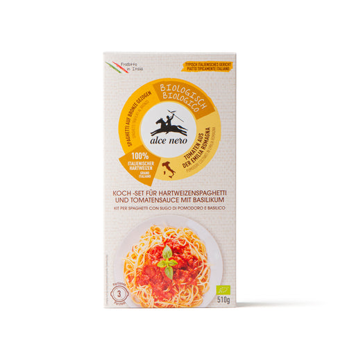 Ein Set bestehend aus Bio-Hartweizen-Spaghetti mit Tomate und Basilikum in Bioqualität - KTPNPO510D